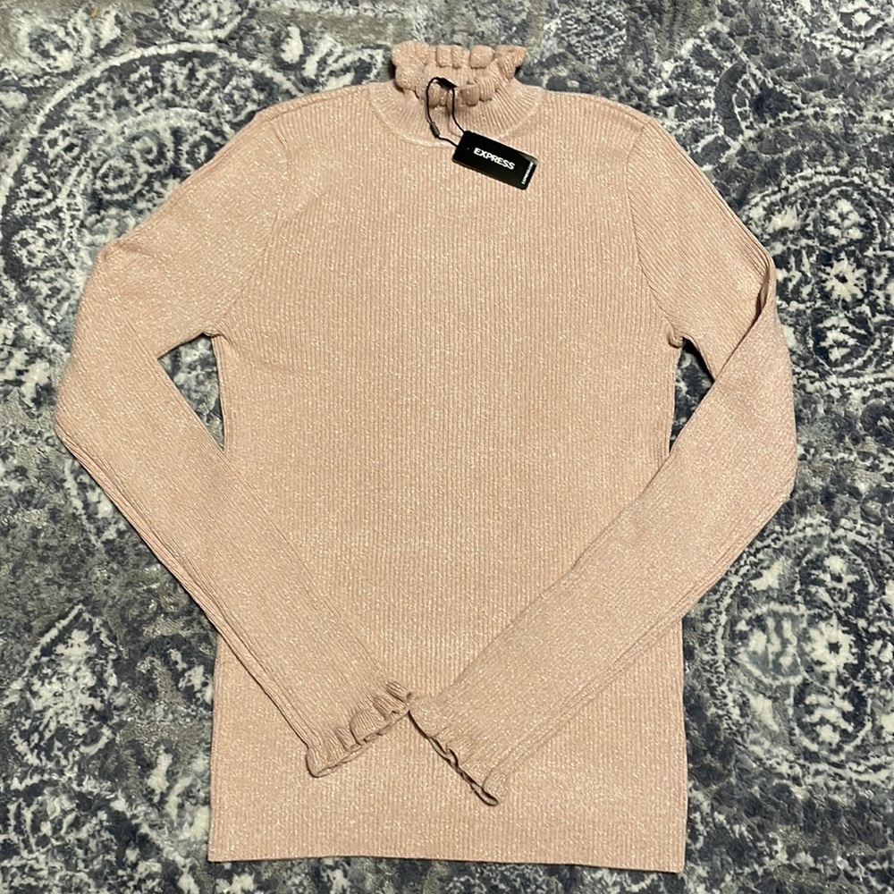 Express Metallic Ribbed Ruffle Mock Neck Sweater, Medium
